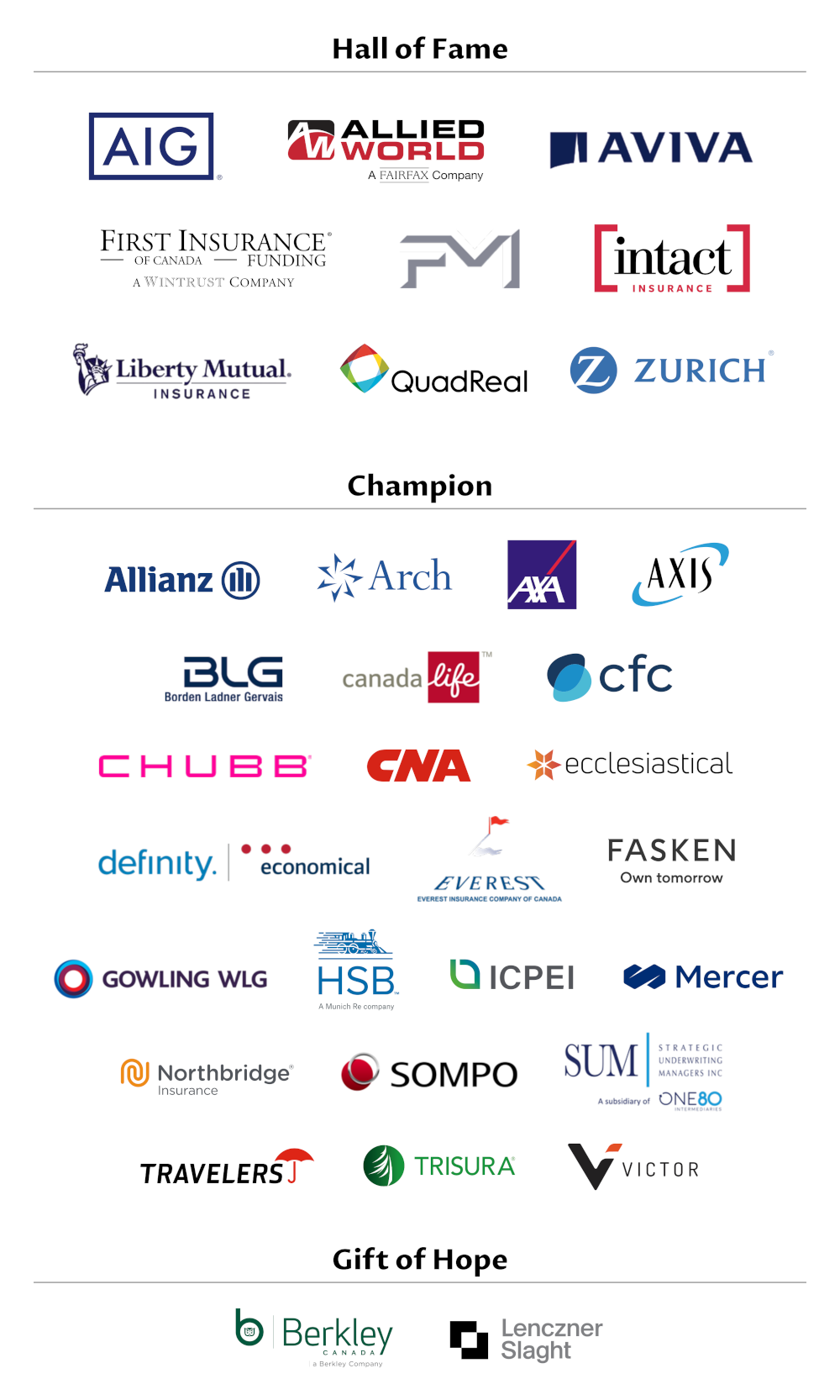 Partners JAC 2024: AIG, Allied World, Aviva, First Insurance of Canada Funding, Intact Assurance, Liberty Mutual Insurance, Quad Real, Zurich, Allianz, Arch, AXA, Axis, BLG (Borden Ladner Gervais, Canada Vie, CFC, Chubb, CNA, Ecclesiastical, Definity Economical, Everst Insurance Company of Canada, Fasken, Gowling WLG, HSB, ICPEI, Mercer, Northbridge Insurance, Sompo, Strategix Underwriting Managers Inc, Travelers, Trisura, Victor, Berkley Canada, Lenczner