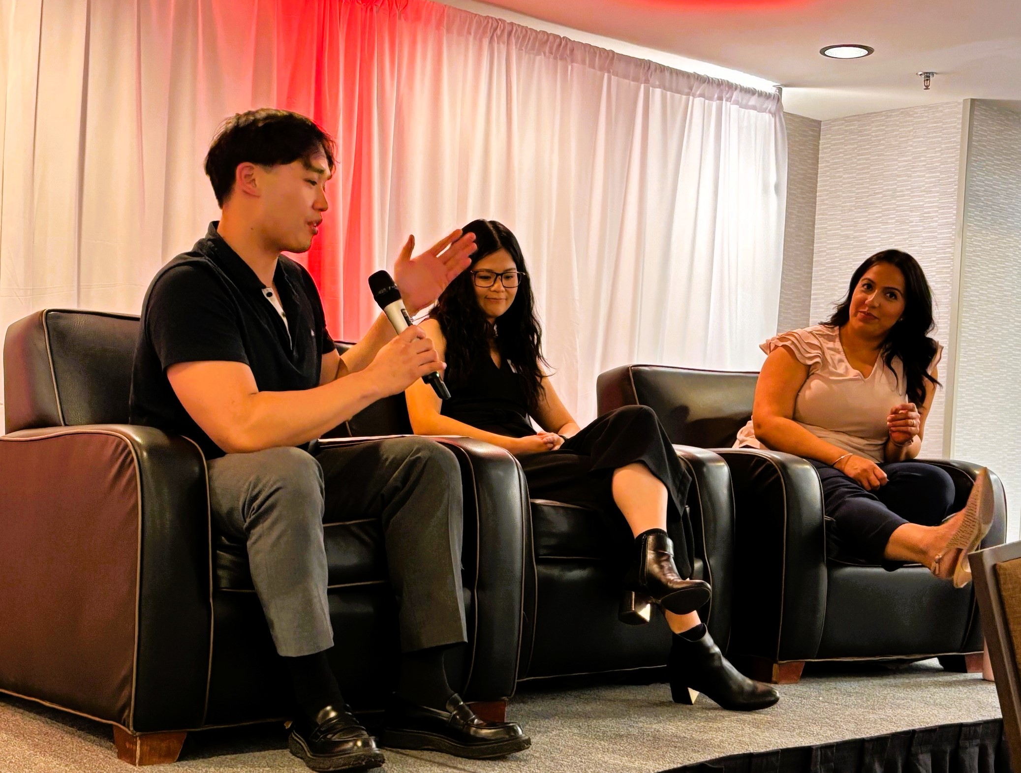 Panelists (left to right): Roy Tram, hematology/bone marrow transplant pharmacist,  Jing Zeng, cancer care registered dietician, and Baljit Randhawa, nurse practitioner, discussed the challenges of, and some solutions for, traveling with a blood cancer.
