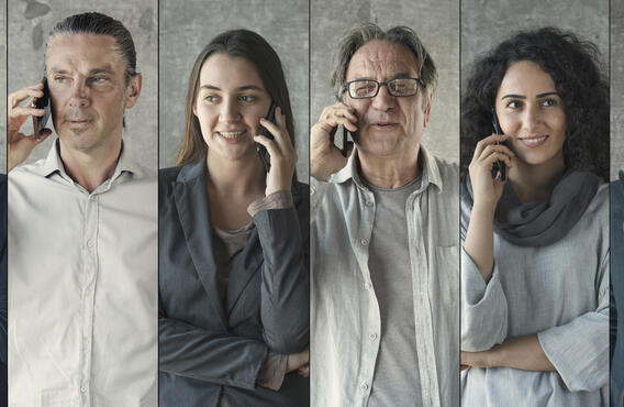 A collage of 6 vertical photos with people talking on a phone in each photo.